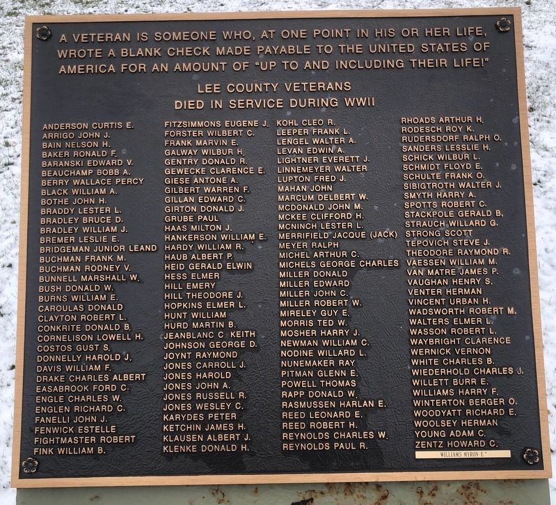 Lee County World War II Memorial Marker. Click for full size. Lee County World War II Memorial Marker image. Click for full size.