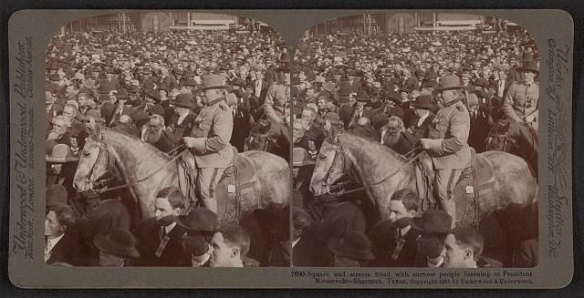 "Square and streets filled with earnest people listening to President Roosevelt - Sherman, Texas" image. Click for full size.