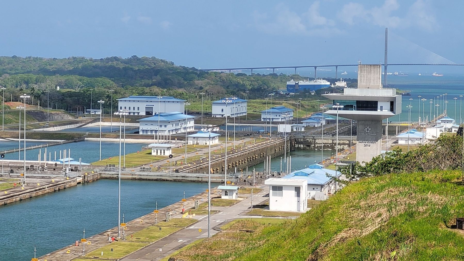 The view of the Agua Clara Locks at the Panama Canal near the marker image. Click for full size.