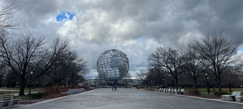 The <i>Unisphere</i> from across the etched granite pavement image. Click for full size.