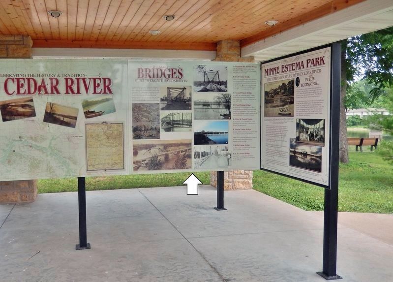 The Many Bridges Built to Cross the Cedar River Marker image. Click for full size.