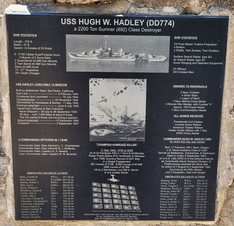USS Hugh W. Hadley (DD774) Marker image. Click for full size.