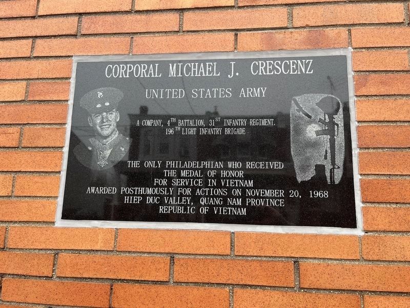 Corporal Michael J. Crescenz Marker. Click for full size. Corporal Michael J. Crescenz Marker image. Click for full size.