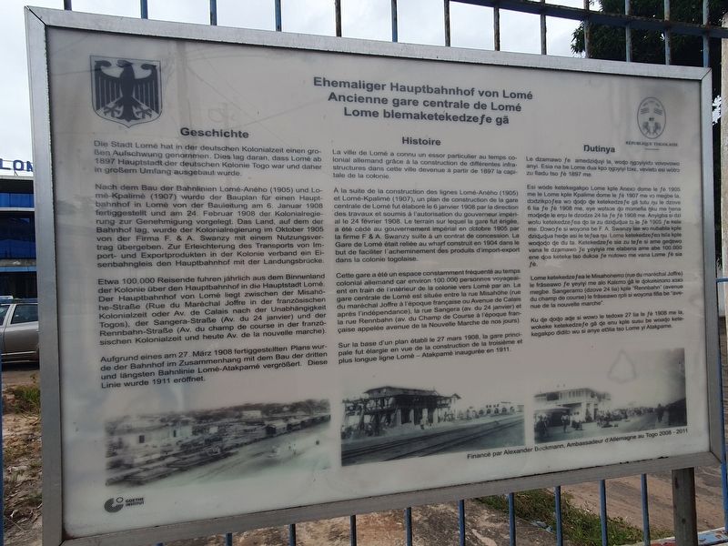 Former Central Railroad Station of Lomé Marker. Click for full size. Former Central Railroad Station of Lomé Marker image. Click for full size.