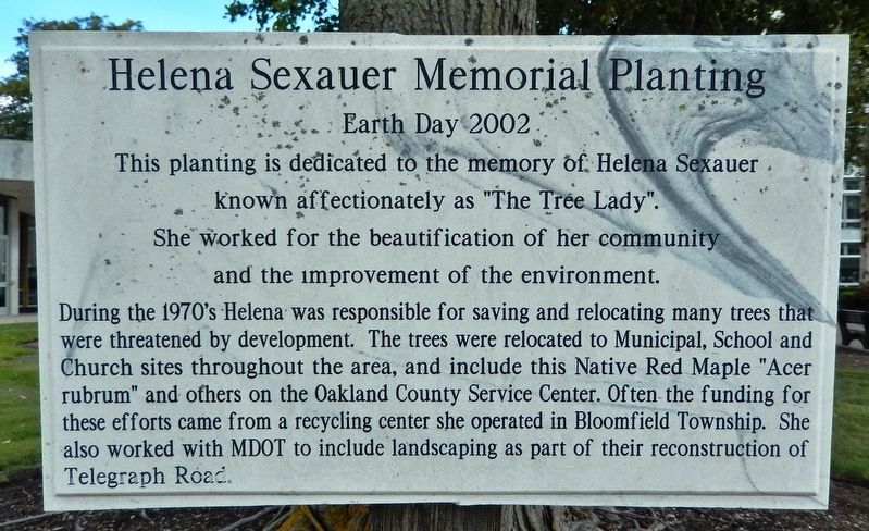 Helena Sexauer Memorial Planting Marker. Click for full size. Helena Sexauer Memorial Planting Marker image. Click for full size.