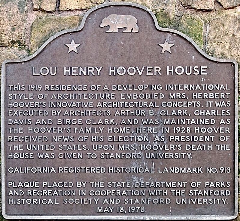 Lou Henry Hoover House Marker. Click for full size. Lou Henry Hoover House Marker image. Click for full size.