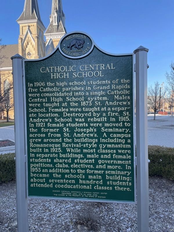 Catholic Central High School Marker Reverse image. Click for full size.