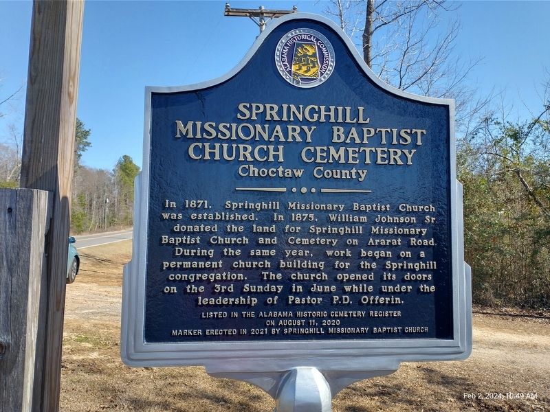 Springhill Missionary Baptist Church Cemetery Marker image. Click for full size.