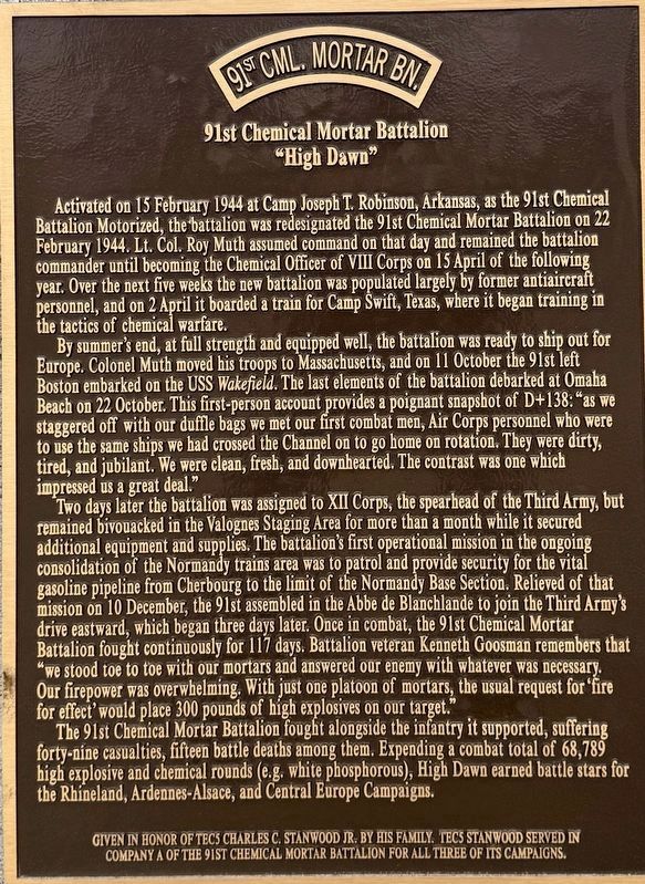 91st Chemical Mortar Battalion Marker. Click for full size. 91st Chemical Mortar Battalion Marker image. Click for full size.