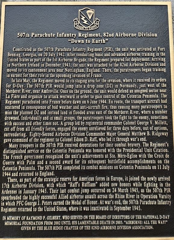 507th Parachute Infantry Regiment, 82nd Airborne Division Marker. Click for full size. 507th Parachute Infantry Regiment, 82nd Airborne Division Marker image. Click for full size.