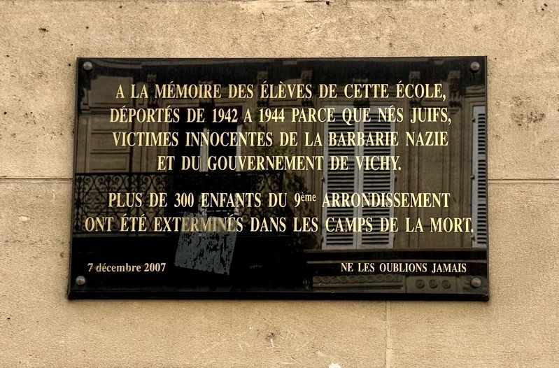 E.M.P.U. Rue Blanche Deported Jewish Student Memorial Marker. Click for full size. E.M.P.U. Rue Blanche Deported Jewish Student Memorial Marker image. Click for full size.