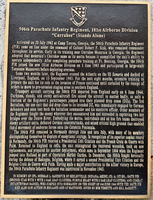 506th Parachute Infantry Regiment, 101st Airborne Division Marker image. Click for full size.
