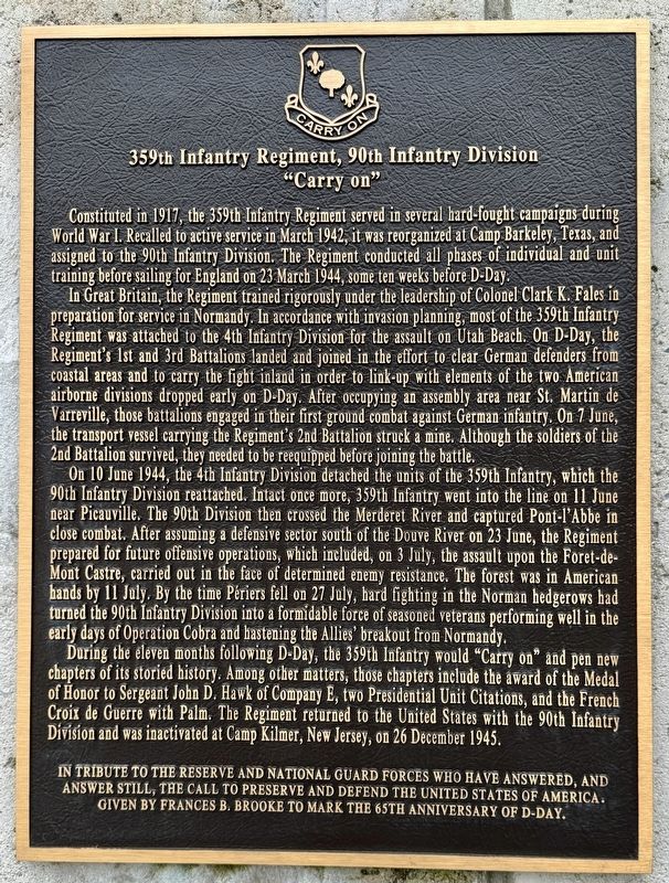 359 Infantry Regiment, 90th Infantry Division Marker. Click for full size. 359 Infantry Regiment, 90th Infantry Division Marker image. Click for full size.