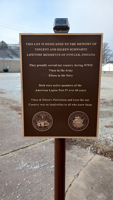 Vincent and Eileen Schwartz Parking Lot Marker. Click for full size. Vincent and Eileen Schwartz Parking Lot Marker image. Click for full size.