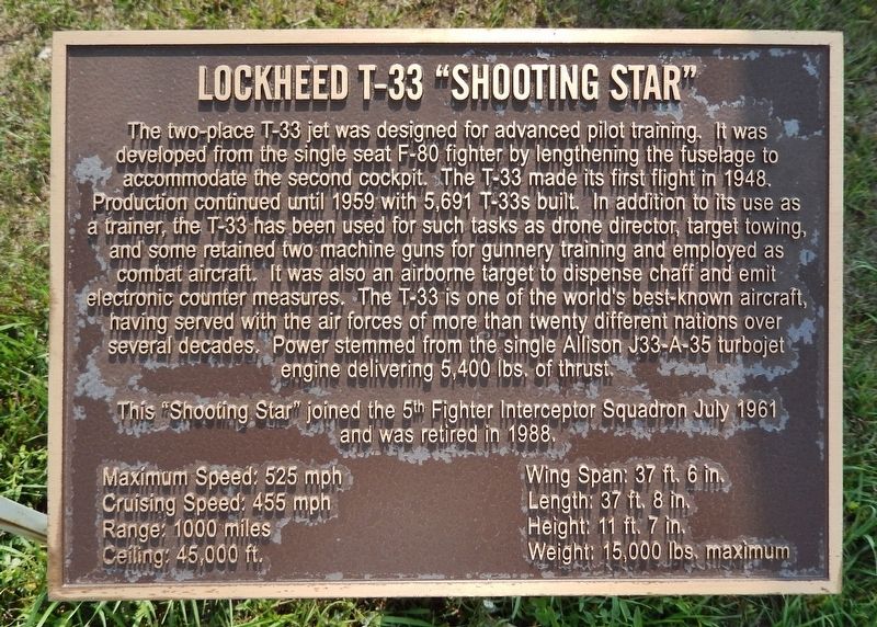 Lockheed T-33 "Shooting Star" Marker. Click for full size. Lockheed T-33 "Shooting Star" Marker image. Click for full size.