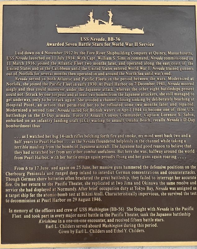 USS Nevada, BB-36 Marker. Click for full size. USS Nevada, BB-36 Marker image. Click for full size.