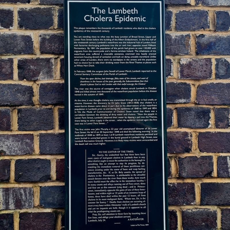 The Lambeth Cholera Epidemic Marker. Click for full size. The Lambeth Cholera Epidemic Marker image. Click for full size.