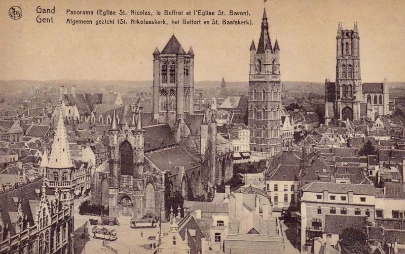 Ghent panorama - St. Nicholas Church, the Belfry, and St. Bavos Cathedral image. Click for full size.