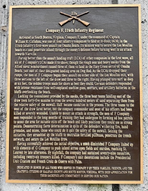 Company F, 116th Infantry Regiment Marker. Click for full size. Company F, 116th Infantry Regiment Marker image. Click for full size.