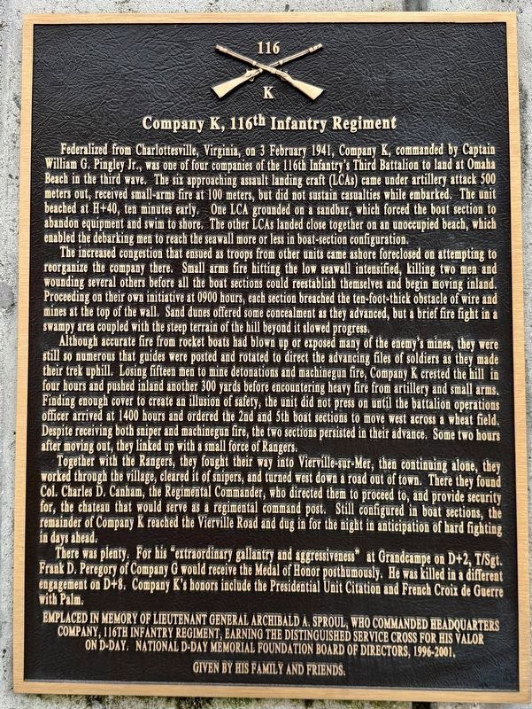 Company K, 116th Infantry Regiment Marker. Click for full size. Company K, 116th Infantry Regiment Marker image. Click for full size.