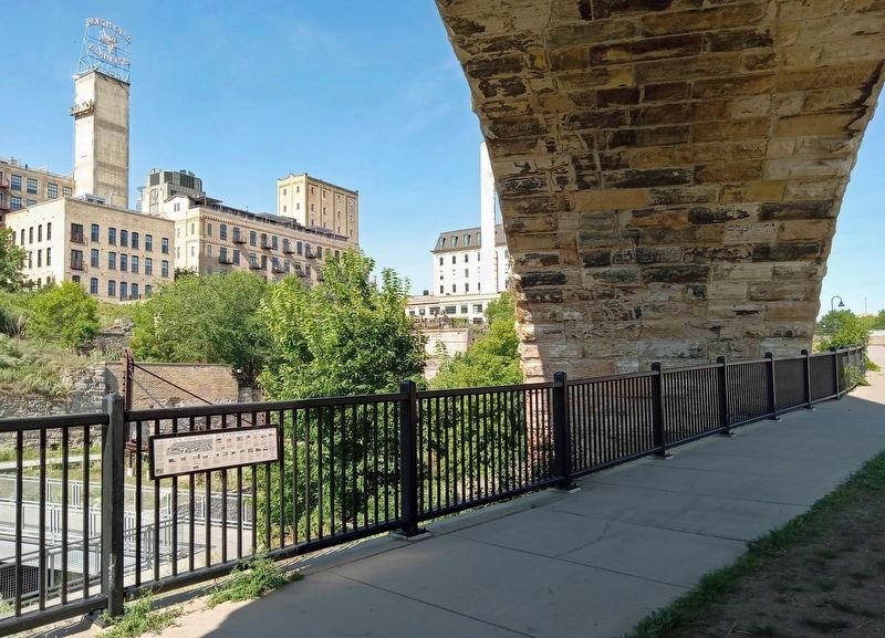 Bridges of the St. Anthony Falls Area Marker (left) under the Stone Arch Bridge. Click for full size. Bridges of the St. Anthony Falls Area Marker (left) under the Stone Arch Bridge image. Click for full size.