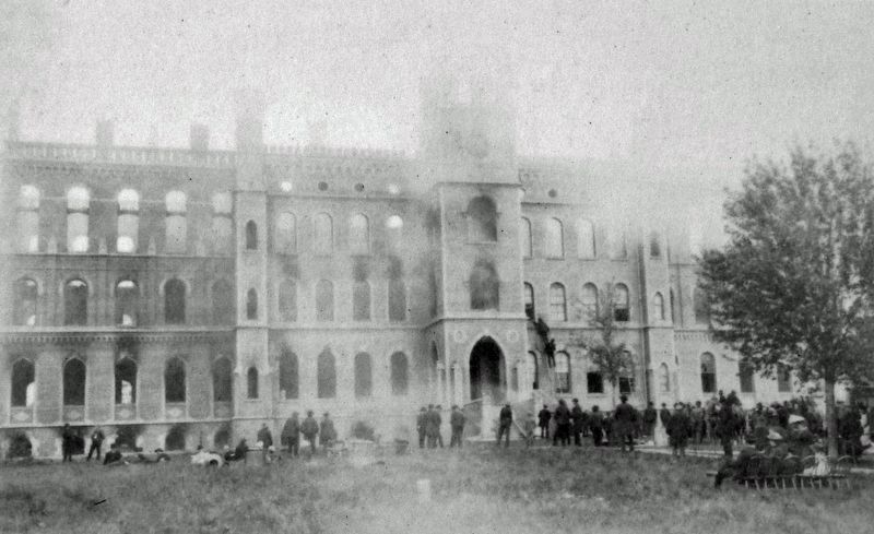 Marker detail: Erected in 1865, Luther College's first Main building burned on May 19, 1889. image. Click for full size.