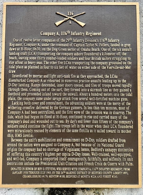 Company A, 116th Infantry Regiment Marker. Click for full size. Company A, 116th Infantry Regiment Marker image. Click for full size.