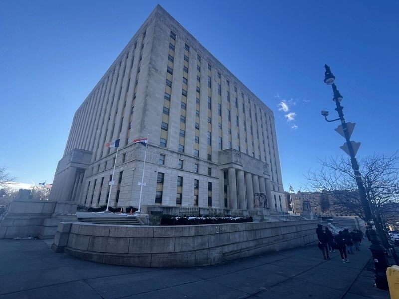 The memorial stands on the grounds of the Bronx Borough Hall image. Click for full size.
