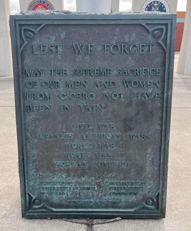 Cicero Veterans Memorial, 1957 tablet. Click for full size. Cicero Veterans Memorial, 1957 tablet image. Click for full size.