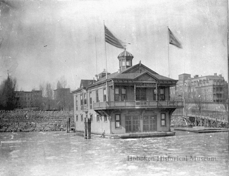 B+W photo of the Valencia Boat Club at the foot of 5th St. & the Hudson River, ca. 1880-1890. image. Click for full size.