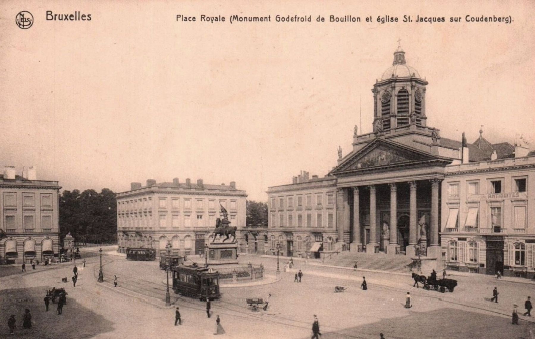 View of Place Royale with statue of Godfrey of Bouillon and Church of St. Jacques image. Click for full size.