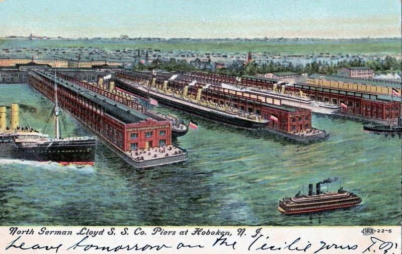 The fireproof North German Lloyd piers in Hoboken, 1909 image. Click for full size.