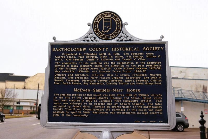 Bartholomew County Historical Society / McEwen-Samuels-Marr House side of the marker image. Click for full size.