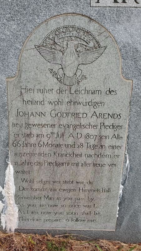 Gravestone of Johann Godfried Arends, first pastor at St John's Lutheran Church image. Click for full size.