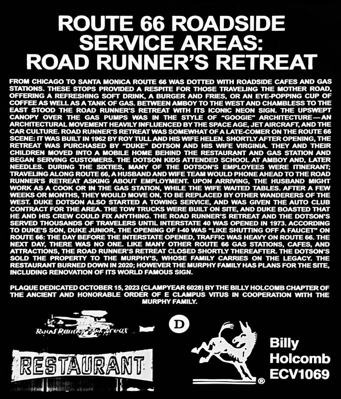 Road Runner’s Retreat Marker. Click for full size. Road Runner’s Retreat Marker image. Click for full size.