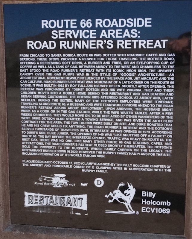 Route 66 Roadside Service Areas: Road Runners Retreat Marker image. Click for full size.