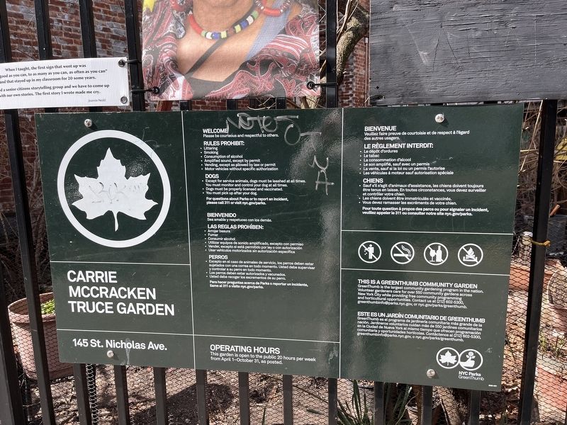 NYC Parks signage for the Carrie McCracken Truce Garden image. Click for full size.