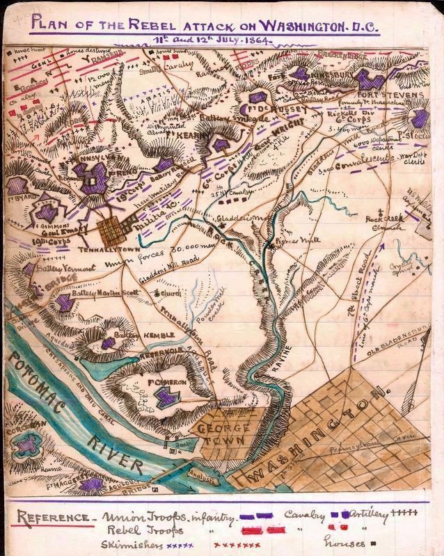Plan of the Rebel Attack<BR>on Washington D.C.<BR>11th and 12th July, 1864<BR>by Robert Knox Sneden. Click for full size. Plan of the Rebel Attack<BR>on Washington D.C.<BR>11th and 12th July, 1864<BR>by Robert Knox Sneden image. Click for full size.