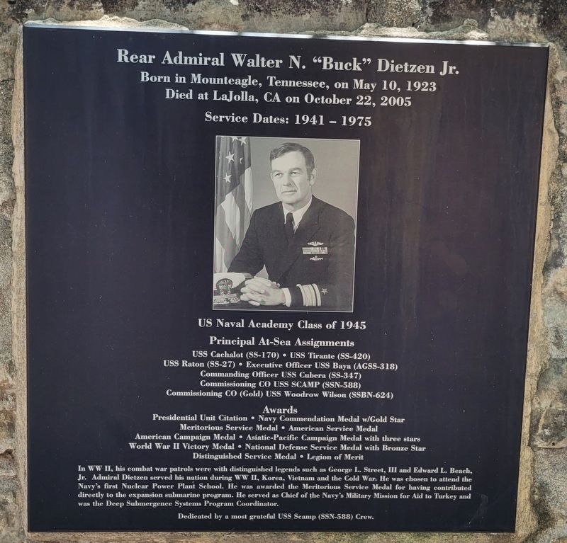 Rear Admiral Walter N. "Buck" Dietzen Jr. Marker image. Click for full size.