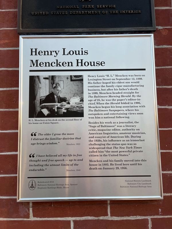 Henry Louis Mencken House Marker image. Click for full size.