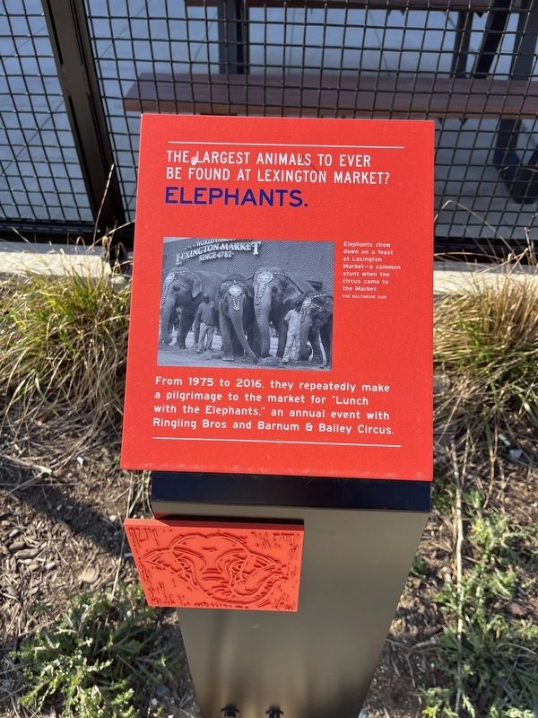 The largest animals to ever be found at Lexington Market? Elephants. Marker image. Click for full size.