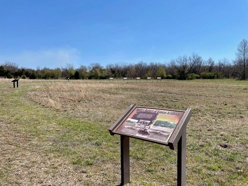 Smith's Battery of Kansas Artillery Marker looking east along Trail One. image. Click for full size.