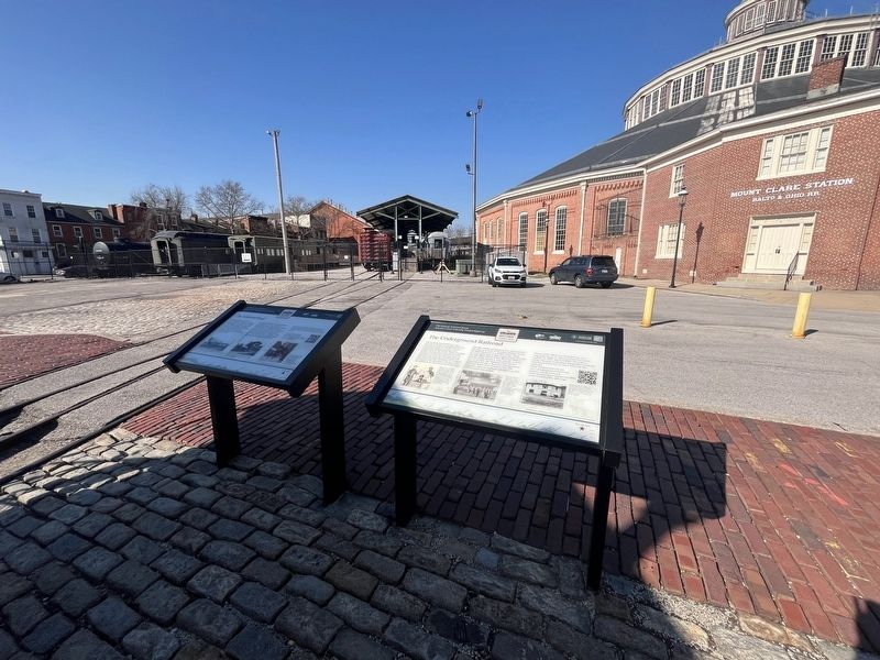 Historic National Road Markers at the parking lot of the B&O Railroad Museum image. Click for full size.