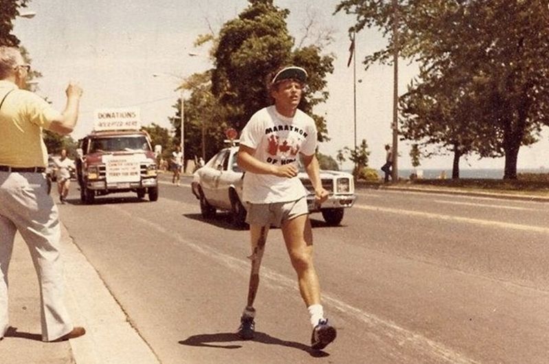 Terry Fox running on Lakeshore Road in Burlington, July 13th, 1980. Click for full size. Terry Fox running on Lakeshore Road in Burlington, July 13th, 1980 image. Click for full size.