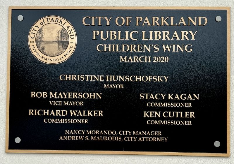 City of Parkland Public Library Childrens Wing Dedication Plaque. Click for full size. City of Parkland Public Library Childrens Wing Dedication Plaque image. Click for full size.