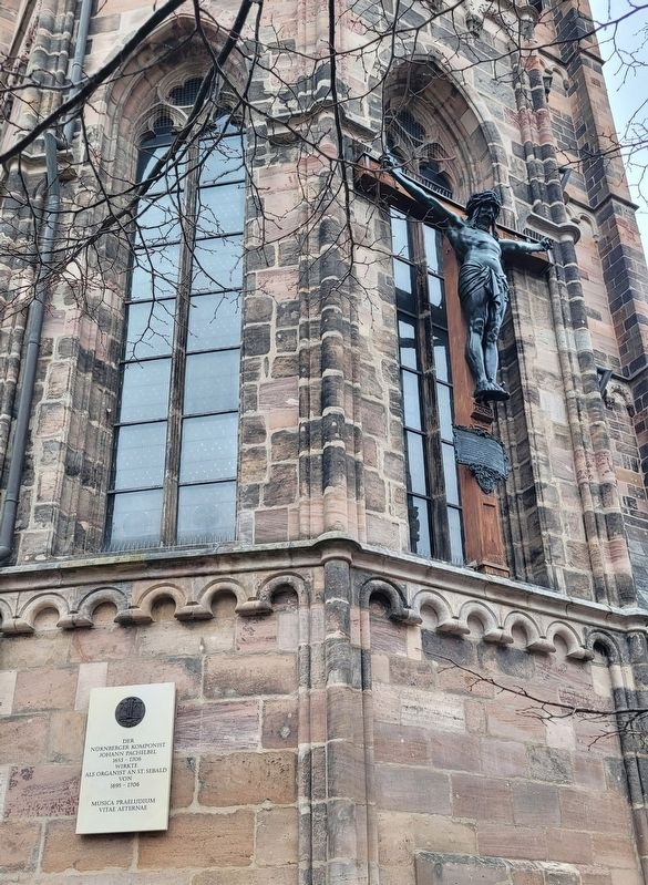 The Johann Pachelbel Marker is located on the west side of the St. Sebald Church image. Click for full size.