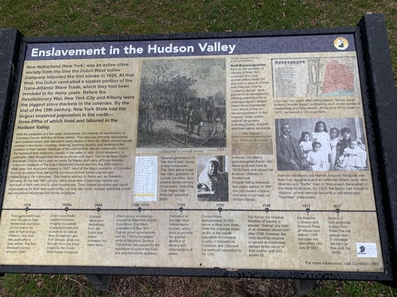 Enslavement In The Hudson Valley Marker. Click for full size. Enslavement In The Hudson Valley Marker image. Click for full size.