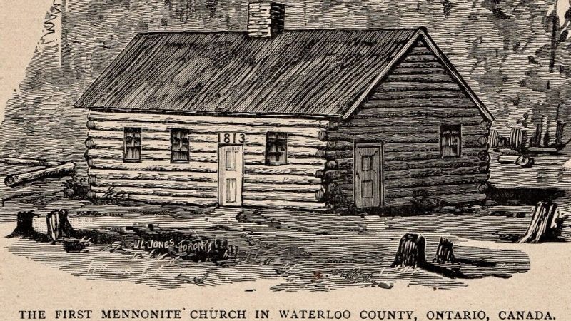 First Mennonite Church in Waterloo Township, erected through the efforts of Benjamin Eby, 1813 image. Click for full size.
