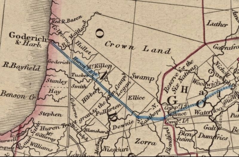 The Huron Road, highlighted on a map of Upper Canada, 1837 image. Click for full size.