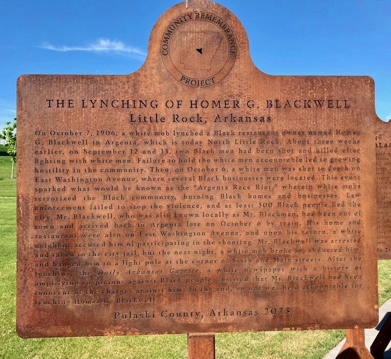 The Lynching of Homer G. Blackwell replica marker image. Click for full size.